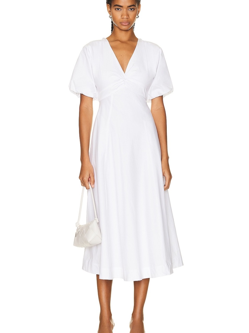 Staud V-Neck Puff Sleeve Cotton Blend Finley Midi Dress White Size 4 $375 NWT - Picture 1 of 9